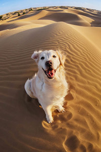 在沙漠里奔跑的金毛寻回犬图片
